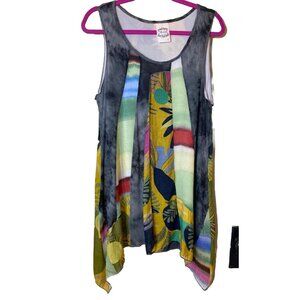 Artsy Floral Fairycore Swing Art To Wear Cruise Boho Hi-Lo Hem Lined Dress Large